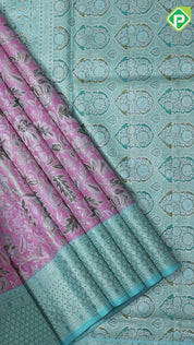 Flamingo pink multi color zari grand floral meena work rexona green rich border Exclusive grand bridal silk saree