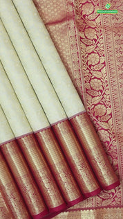 Milk white gold zari grand floral design contrast maroon with gold zari border bridal silk saree