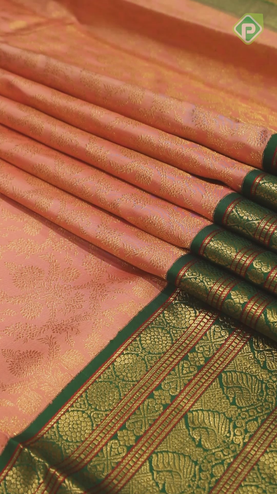 Peach Pink With Gold Zari  Peacock And Ruthracham Green Long and Small Border Traditional Silk Saree