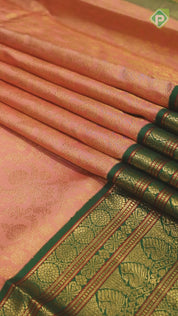 Peach Pink With Gold Zari  Peacock And Ruthracham Green Long and Small Border Traditional Silk Saree