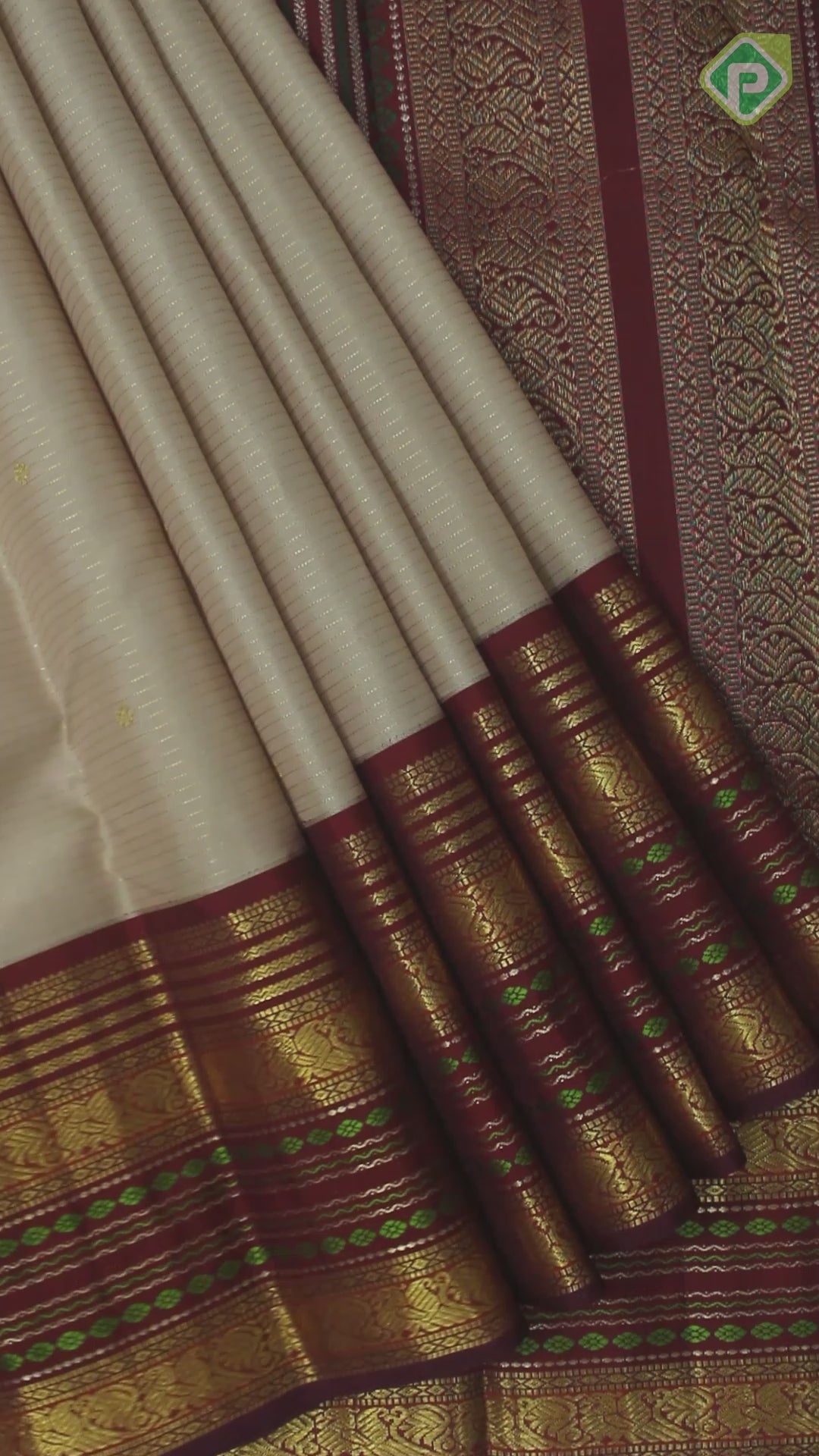 White Beige Gold Zari Lines And Small Motif With Maroon Peacock Ruthracham Design Border Traditional Silk Saree
