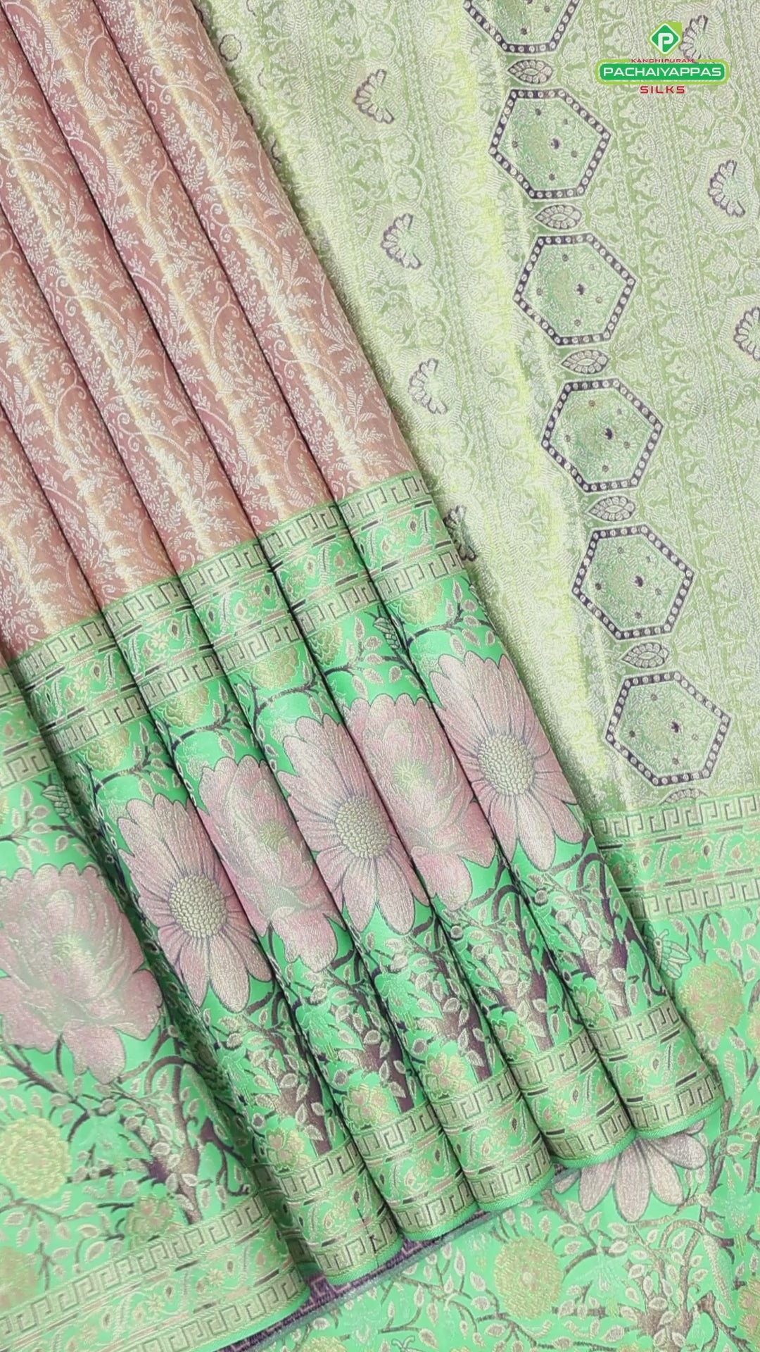 Goldish onion silver zari floral creeper design contrast parrot green border grand bridal tissue silk saree