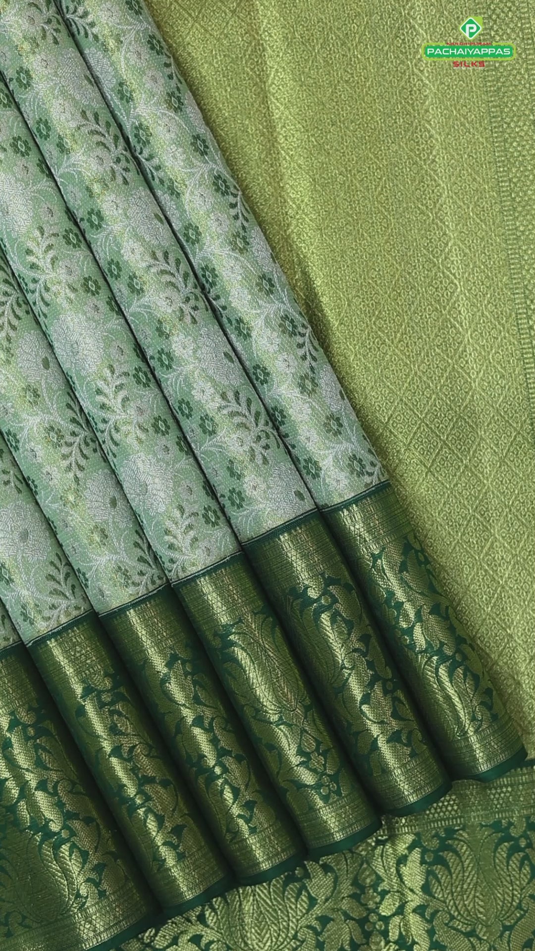 green base with silver and gold zari grand hand woven gold zari lotus design border exclusive bridal silk saree