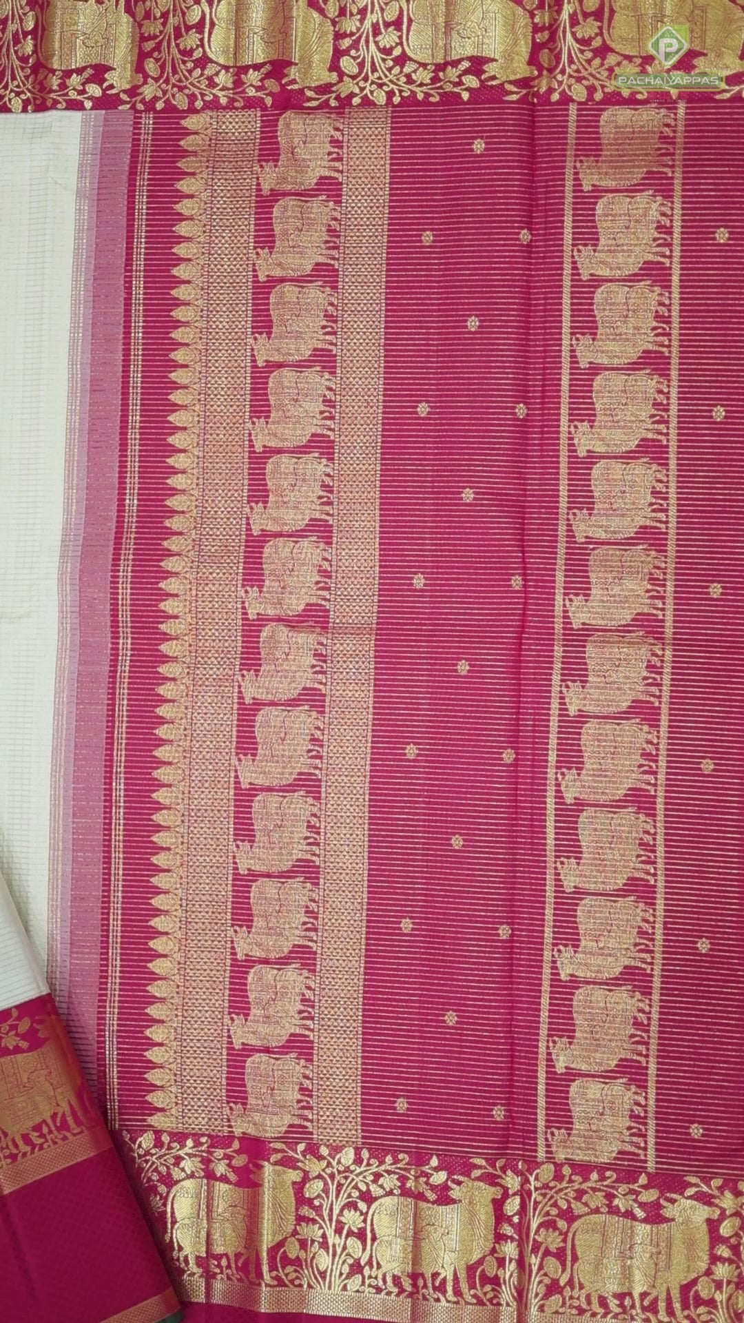 cream white gold zari vairaoosi checks design rani red gold zari kamadenu butta pichwai border traditional silk saree