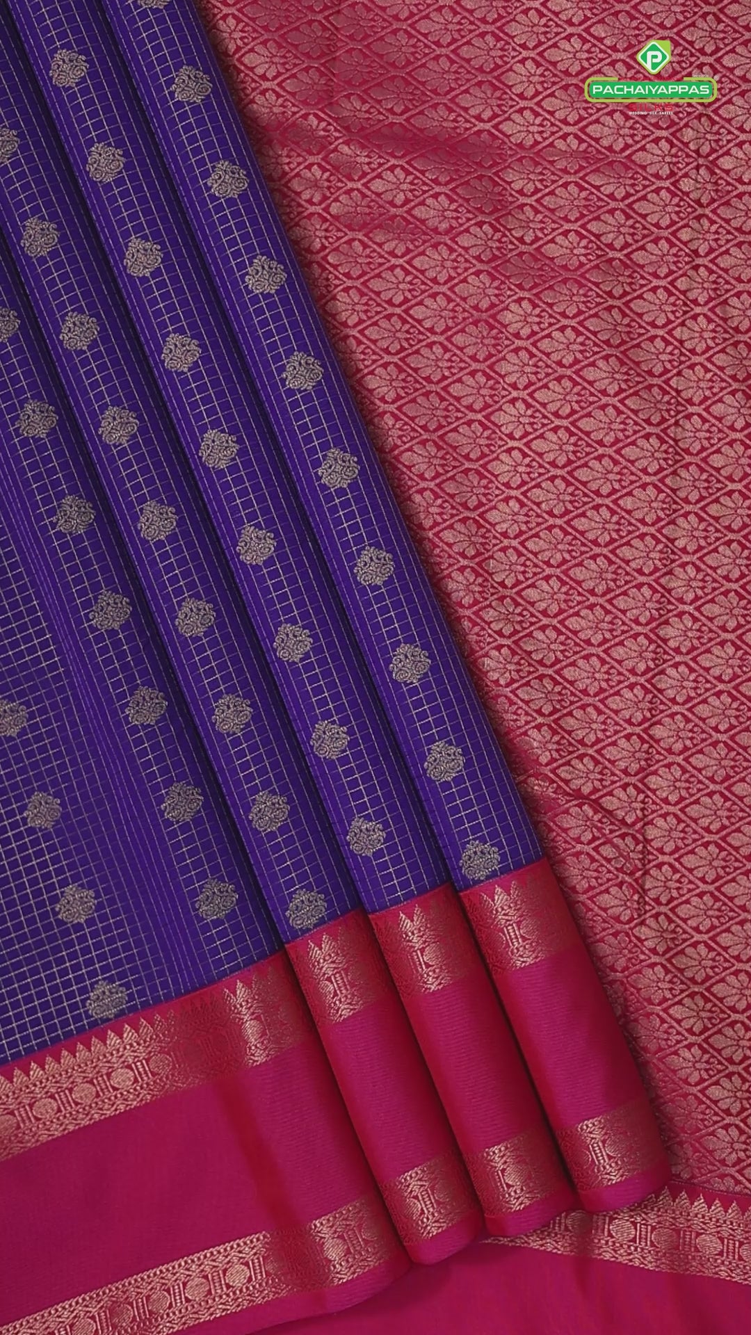 purple blue gold zari kattam and butta design contrast pink rettapet border art silk gift saree