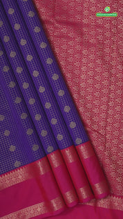 purple blue gold zari kattam and butta design contrast pink rettapet border art silk gift saree