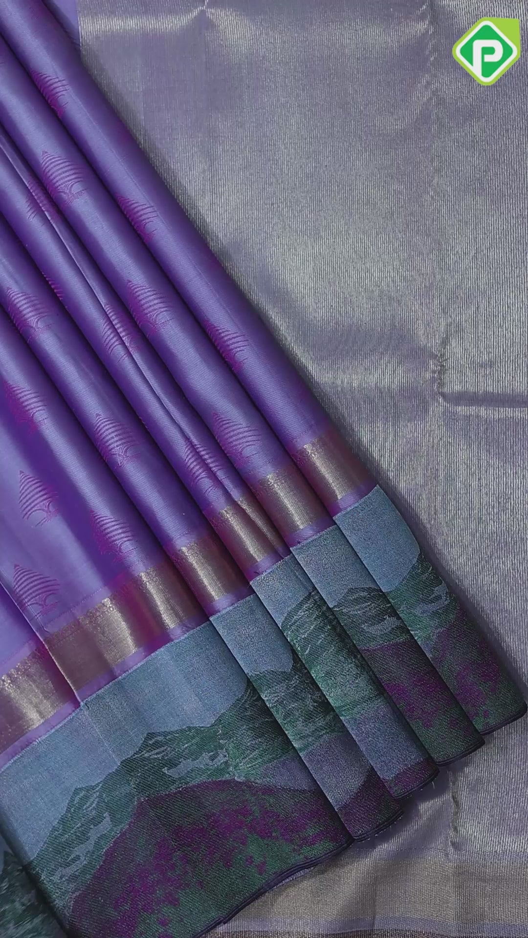 Lavender with silk pink fancy tread butta multi color mountain scenery design border trendy silk saree