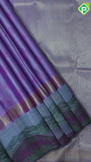 Lavender with silk pink fancy tread butta multi color mountain scenery design border trendy silk saree