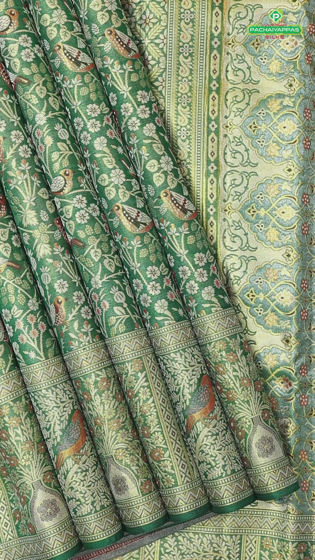 Peacock green Gold zari meena work design self gold zari sparrow border exclusive wedding silk saree