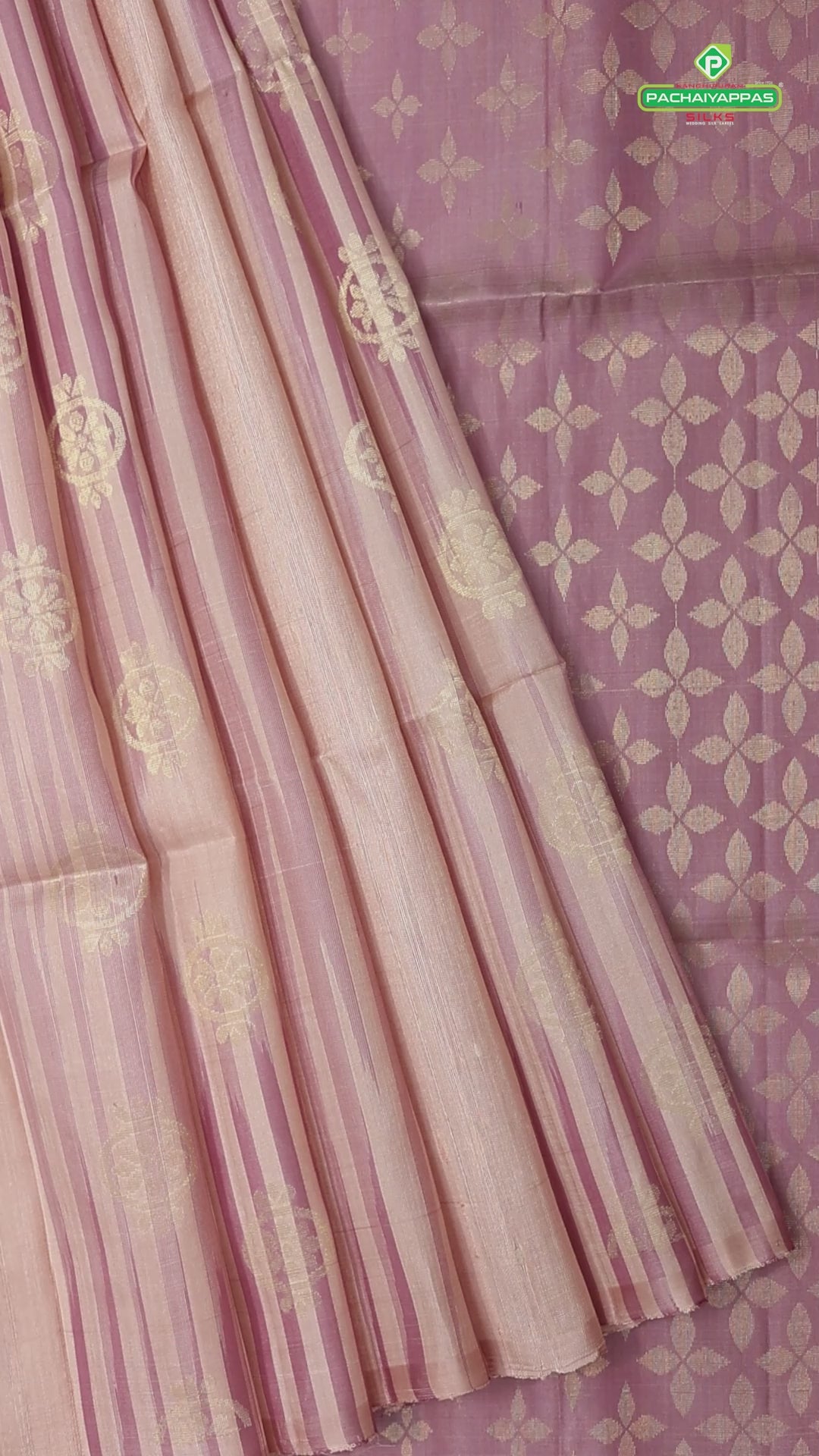 Peach and onion pink stripes gold zari round flower design borderless grand pallu soft silk saree