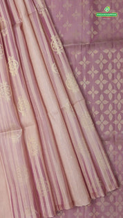 Peach and onion pink stripes gold zari round flower design borderless grand pallu soft silk saree