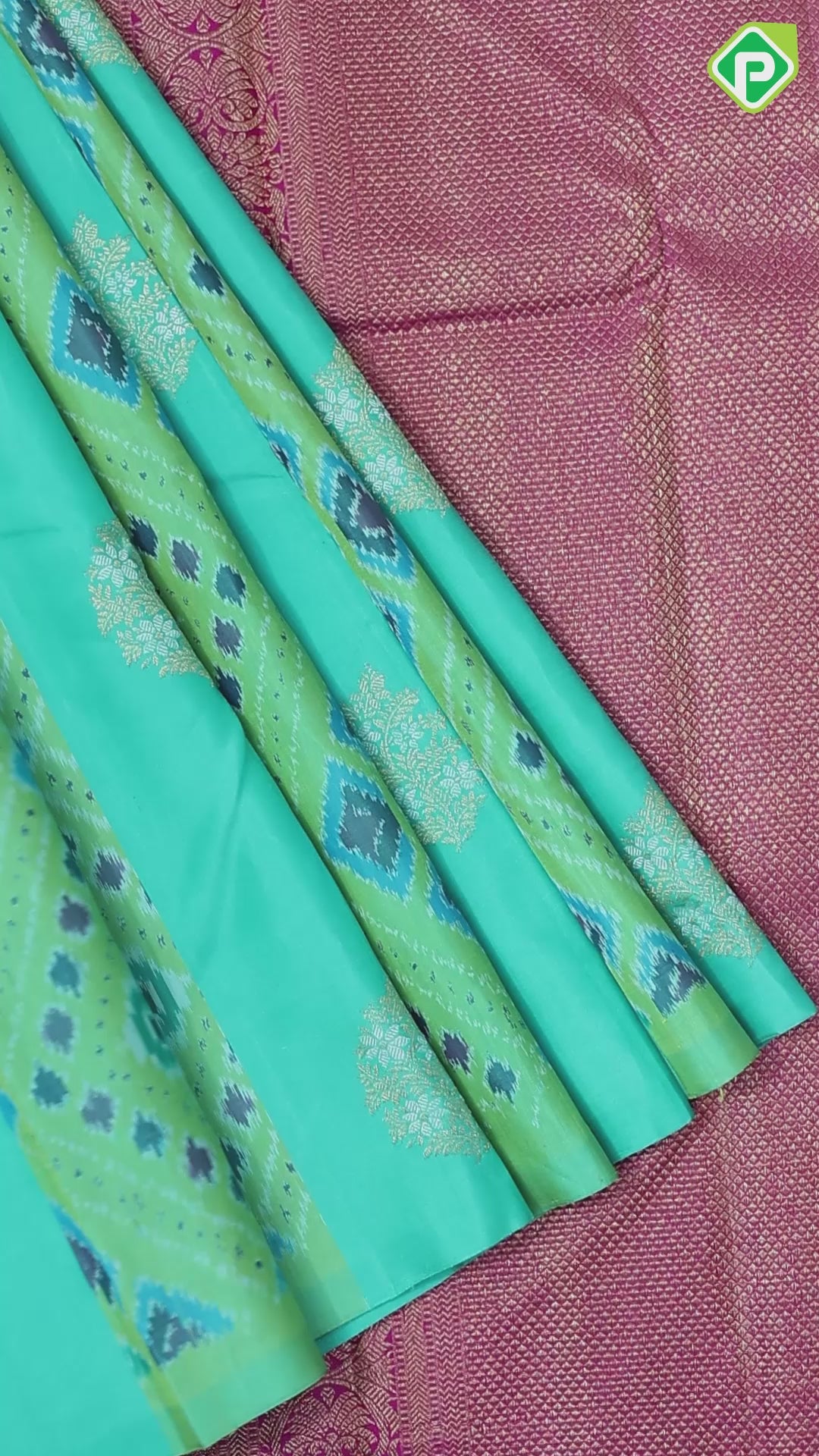 Rexona Green silver Gold Zari Butta Ikkat Pochampalli silk saree