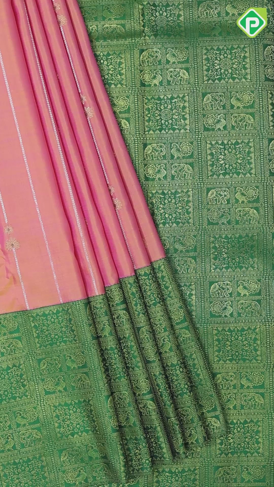Peach Pink silver gold zari beads design Contrast green koorvai border pastel traditional Silk Saree