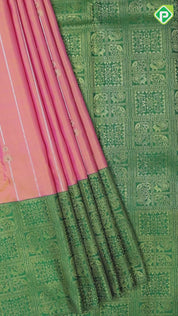 Peach Pink silver gold zari beads design Contrast green koorvai border pastel traditional Silk Saree