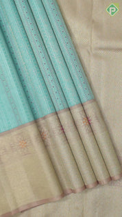 Rama Blue Silver Zari With Peach Pink Gold Zari Meena Work Traditional Silk Saree