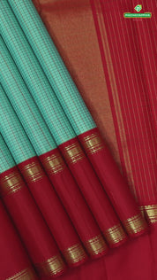 Tea Green with Multi color checkered contrast red rettapet border traditional silk saree