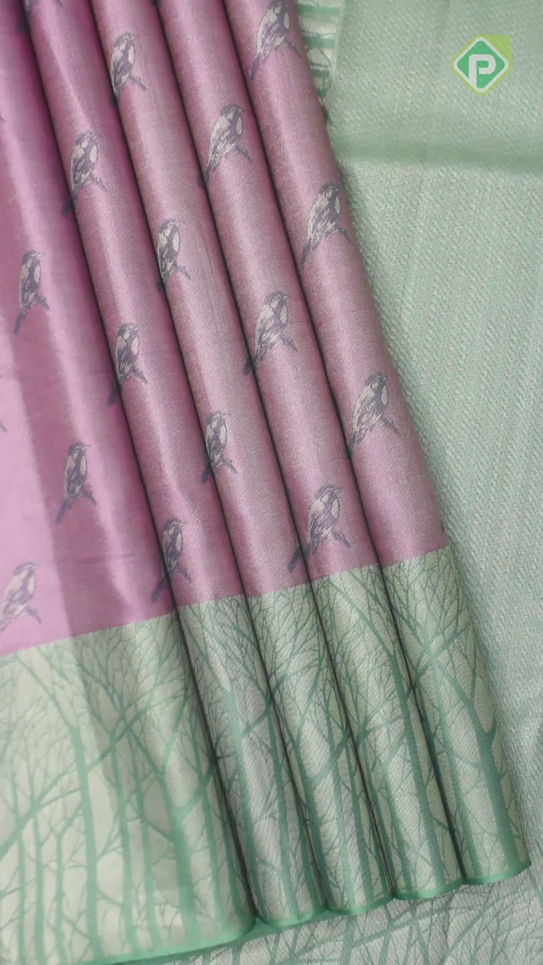 Pink Birds Design Gold Zari With Rexsona Green Jungle Border Fancy Trendy Silk Saree