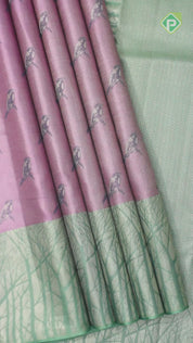 Pink Birds Design Gold Zari With Rexsona Green Jungle Border Fancy Trendy Silk Saree