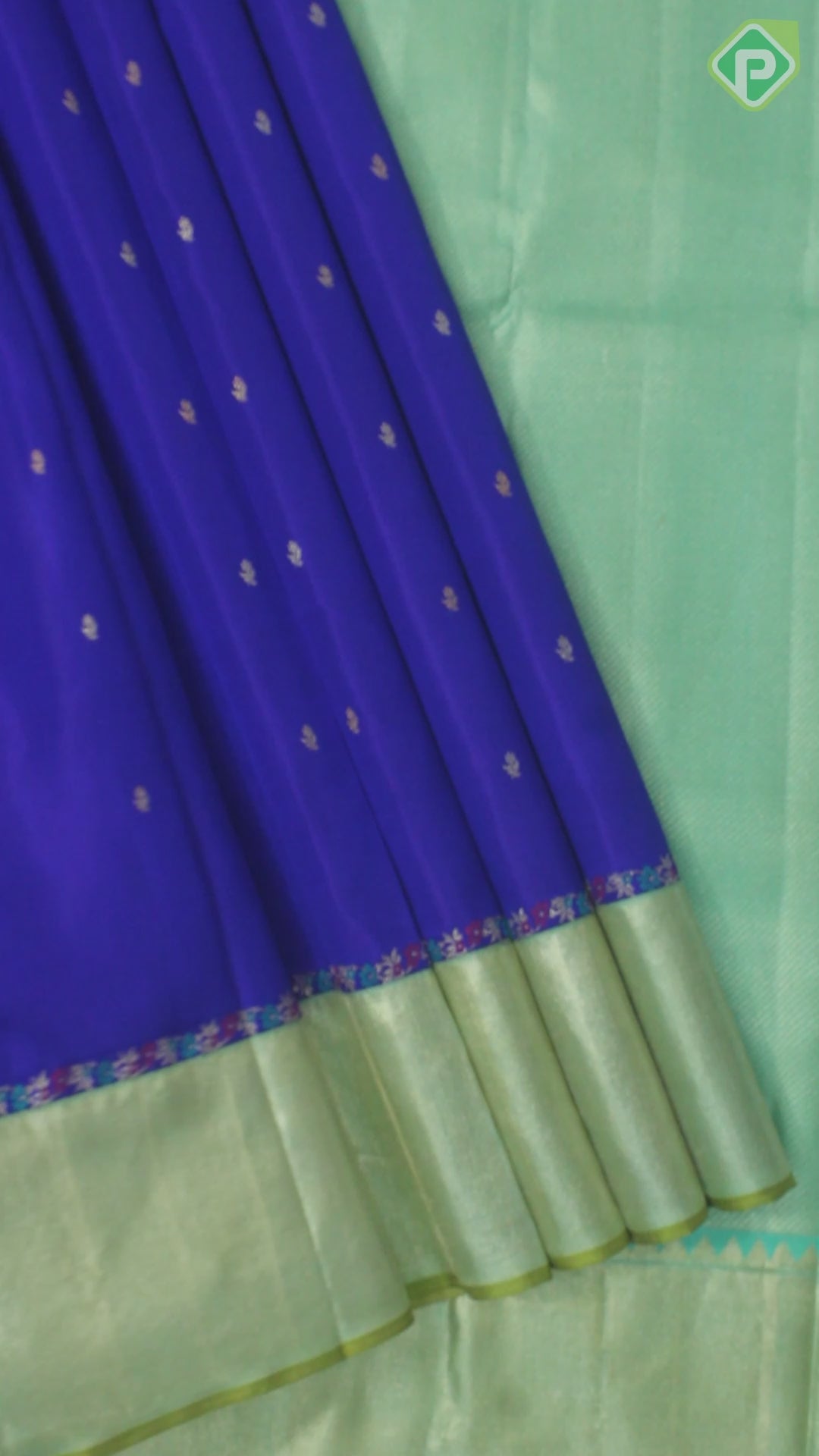 Ink Blue Gold Zari Small Motif With Olive Green Gold And Silver Zari Tissue Border Trendy Silk Saree