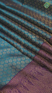 Peacock Blue Gold Zari Line Border Traditional Silk Saree