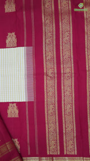 Cream with beige checks body design maroon gold zari butta high three part border concept vintage silk saree