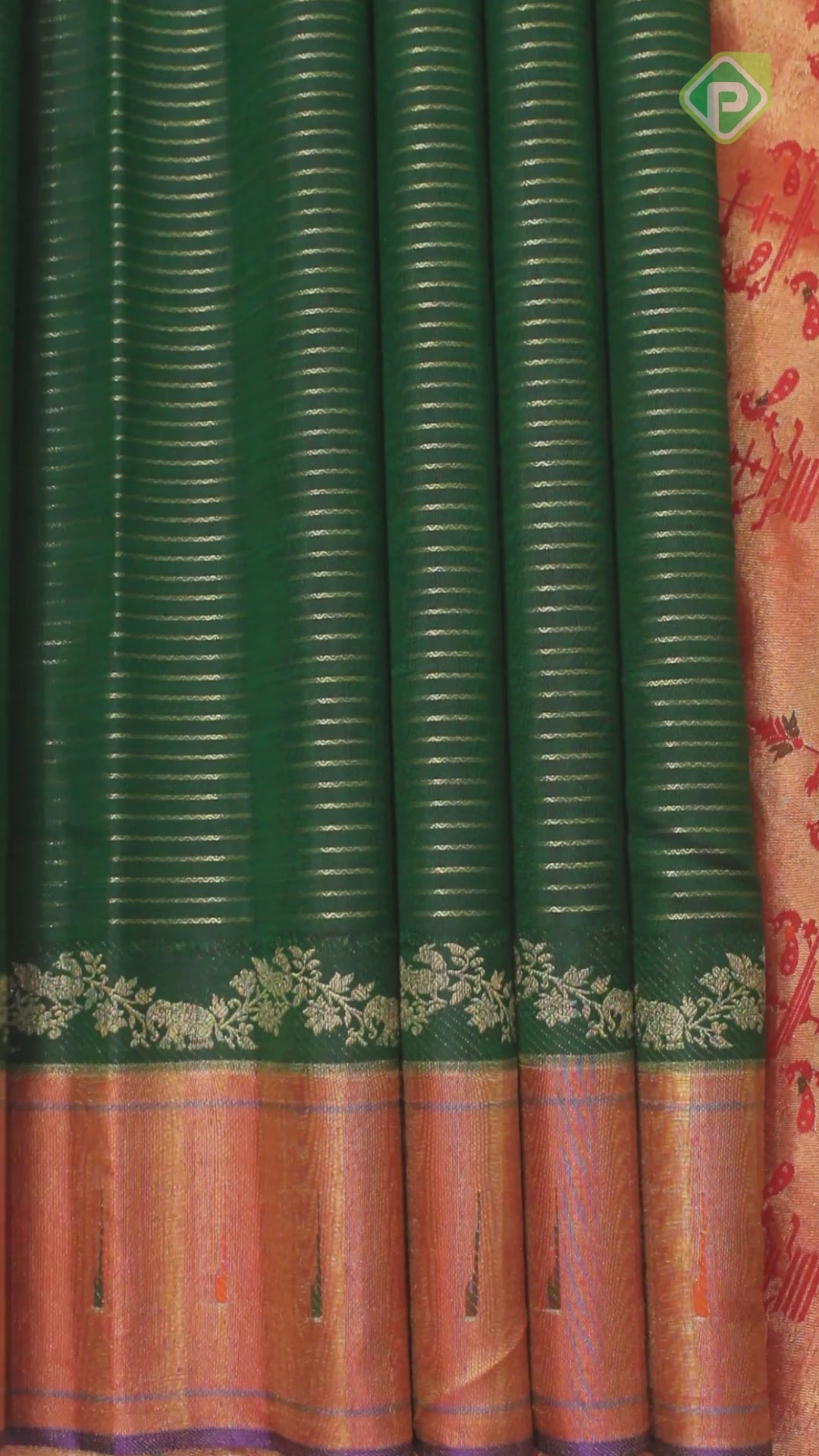 Bottle Green Gold Zari Lines With Red Color Border Traditional Silk Saree