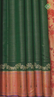 Bottle Green Gold Zari Lines With Red Color Border Traditional Silk Saree