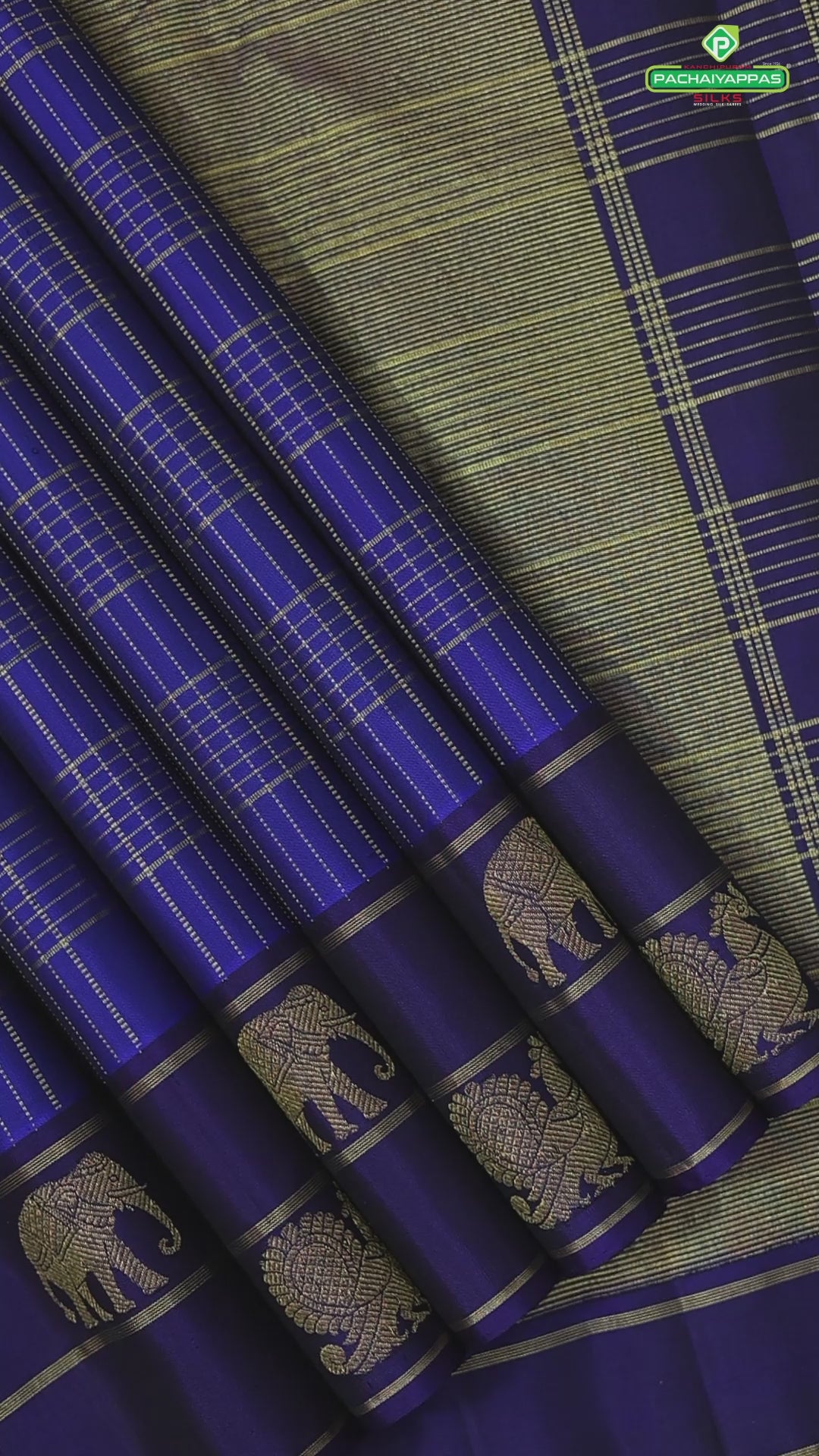 Navy Blue Gold Zari Kattam and royal blue with elephant and peacock separated lines border traditional silk saree