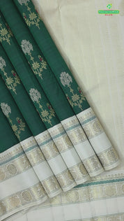 Bottle Green Gold Zari Big Flower Butta Design Contrast Cream White Rettapet Border Traditional Silk saree