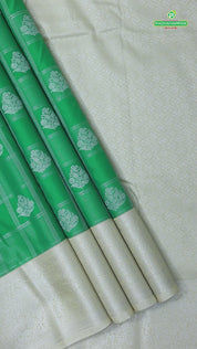 Forest green silver zari checks and Butta design contrast beige border art silk gift saree