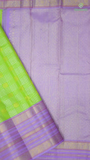 Parrot green Silver zari checks mid gold zari butta motifs lavender gold zari meena work lines border vintage silk saree