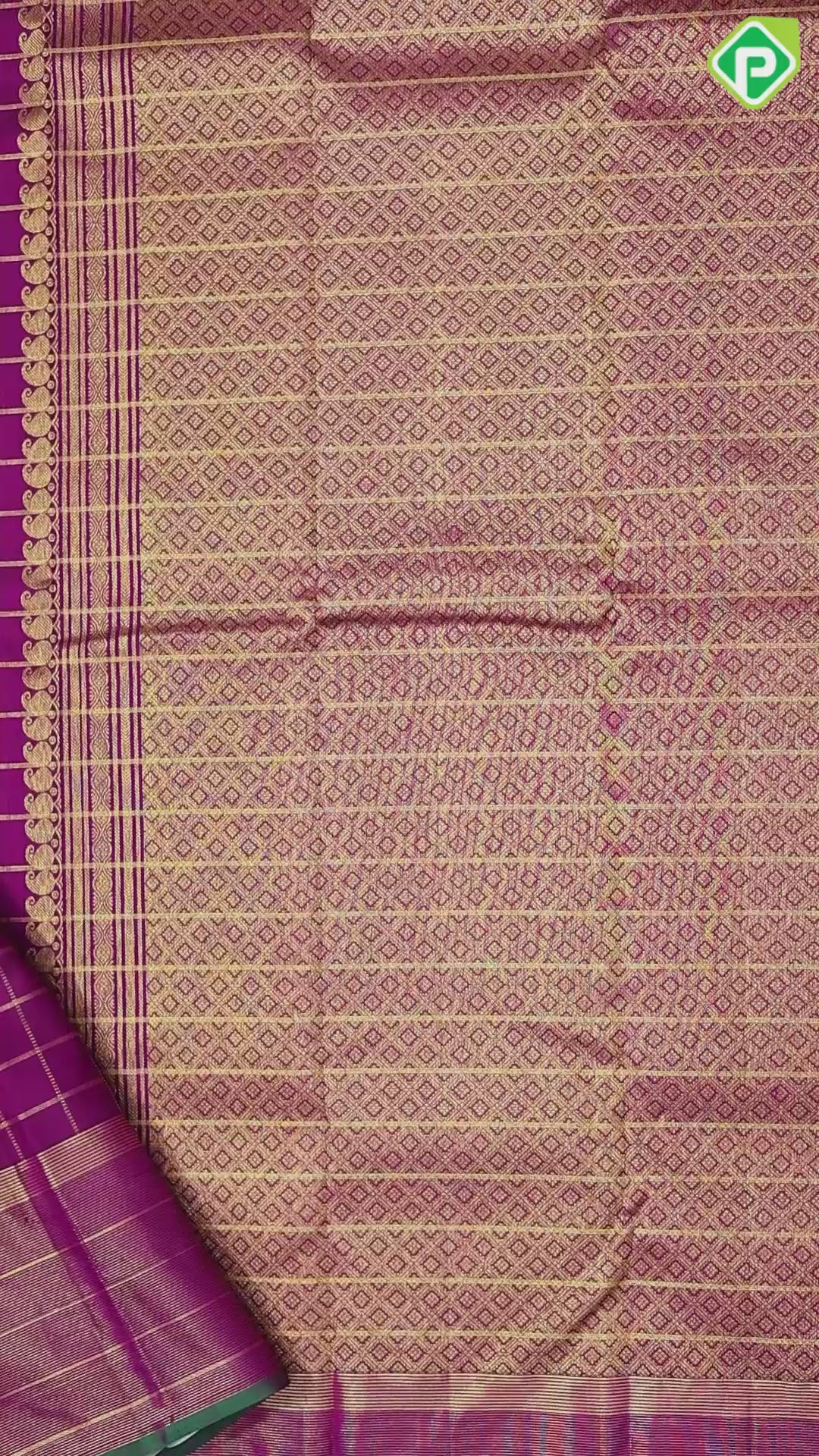 Purple pink gold zari solid check annam chakram butta self gold zari tissue green edge border traditional silk saree