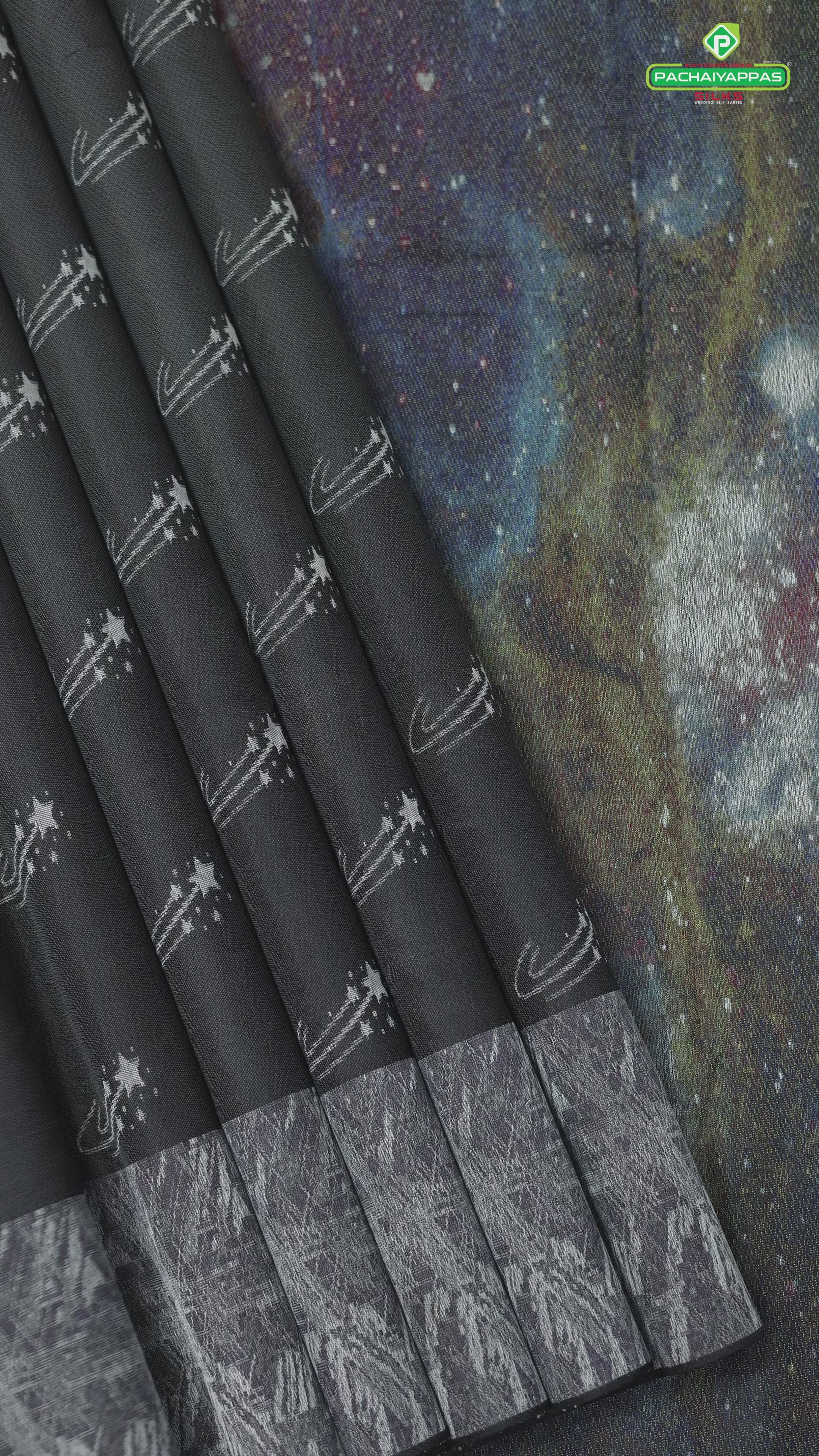 Elephant grey with cream white star design galaxy inspired pallu concept trendy designer silk saree