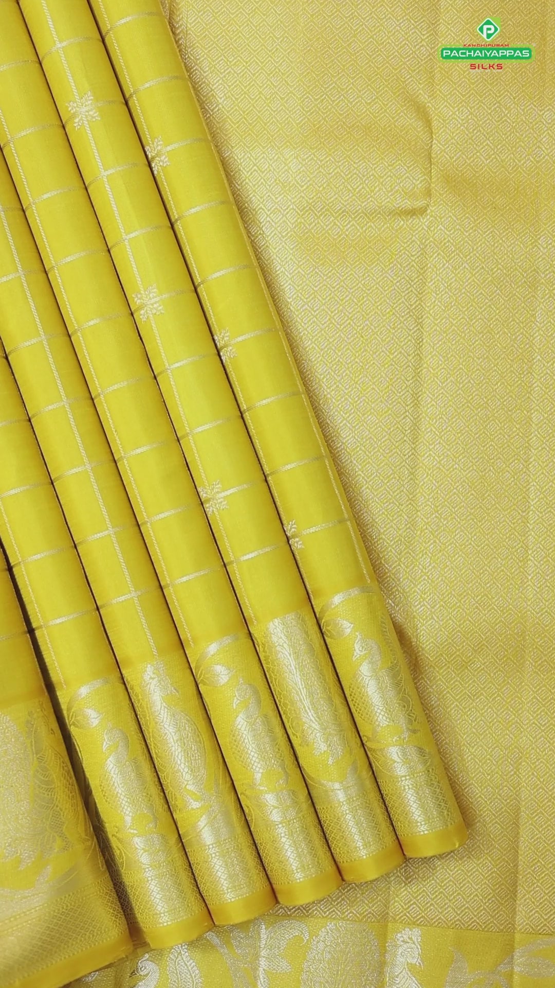Cyber Yellow silver gold zari kattam (checkered) self peacock and creeper border Traditional silk saree
