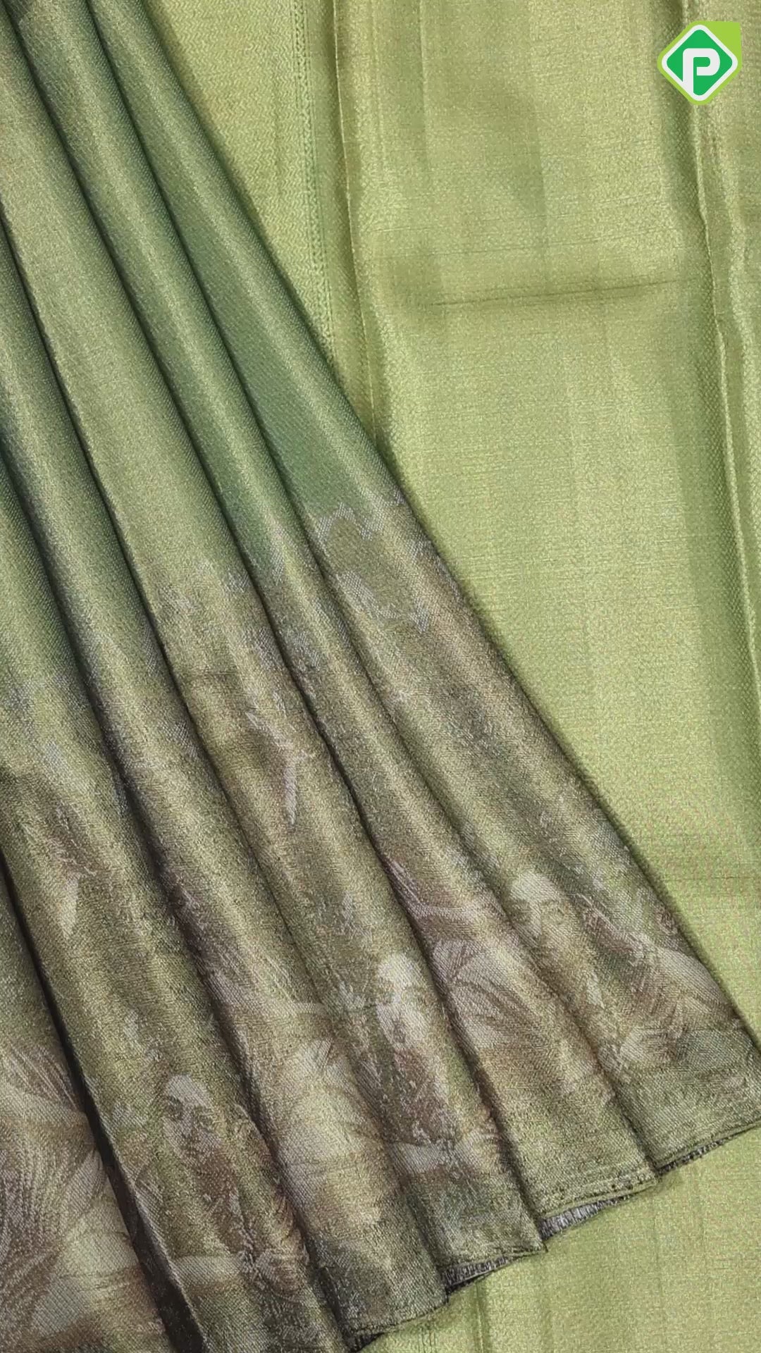 Goldish Green gold zari Raja Ravi varma's Shakundala Poetic movement in full tissue signature silk saree