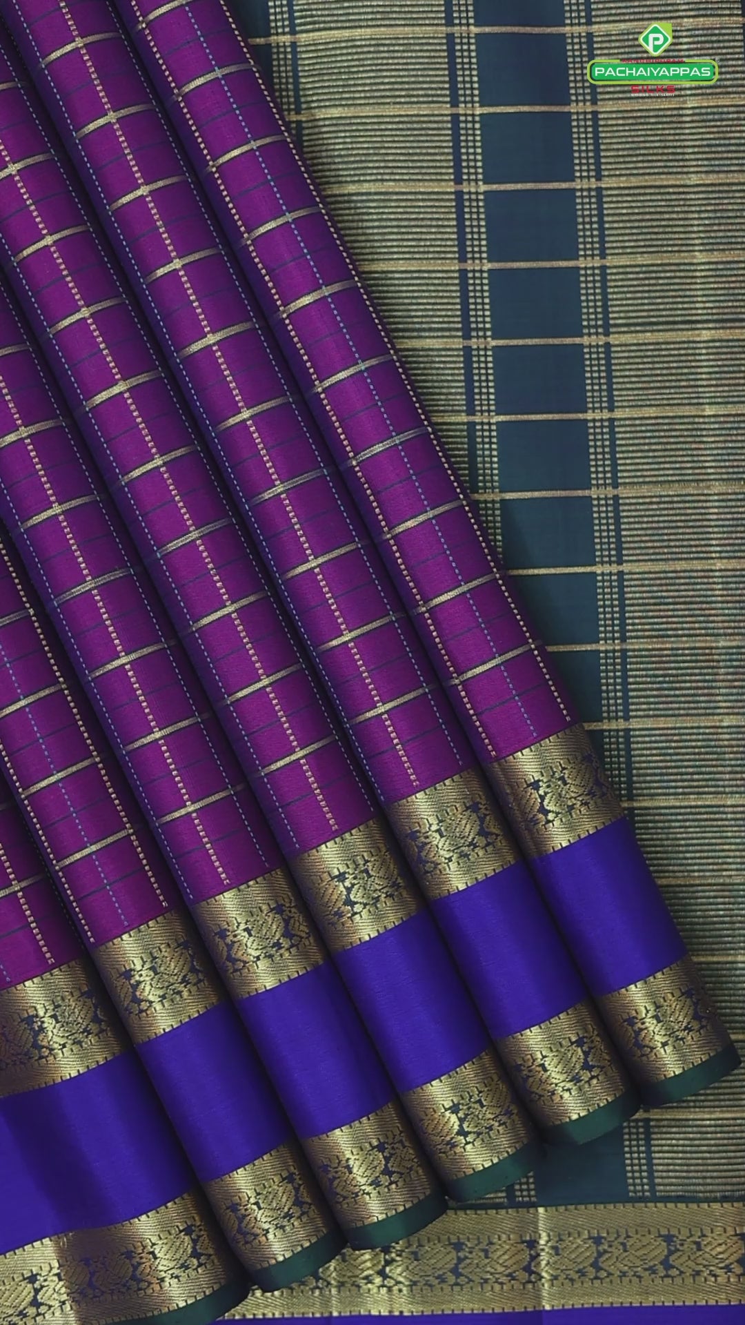 Purple Pink Gold Zari Kattam (Checkered) Contrast Gold Zari Rettapet Border Traditional Silk Saree