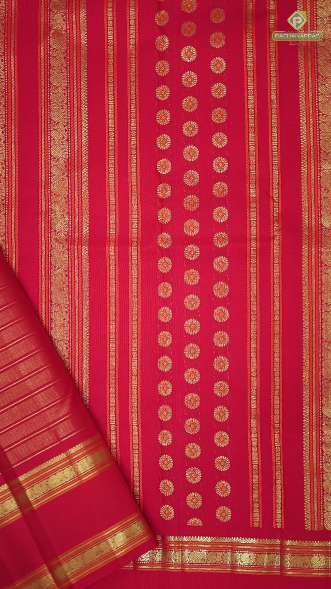 Chilly red gold zari velthaari vairaoosi lines design self gold zari orange padded butta retta pattai vintage silk saree
