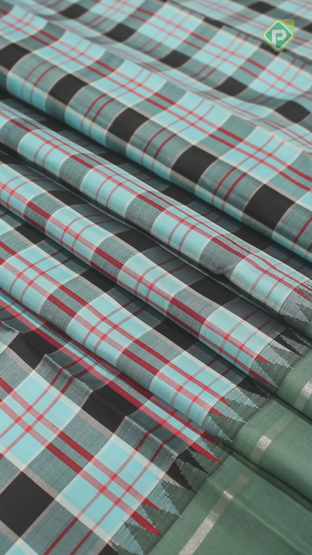 Aqua Blue With Multi Colour Checks Design Cardamom Green Border Traditional Silk Saree
