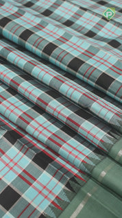 Aqua Blue With Multi Colour Checks Design Cardamom Green Border Traditional Silk Saree