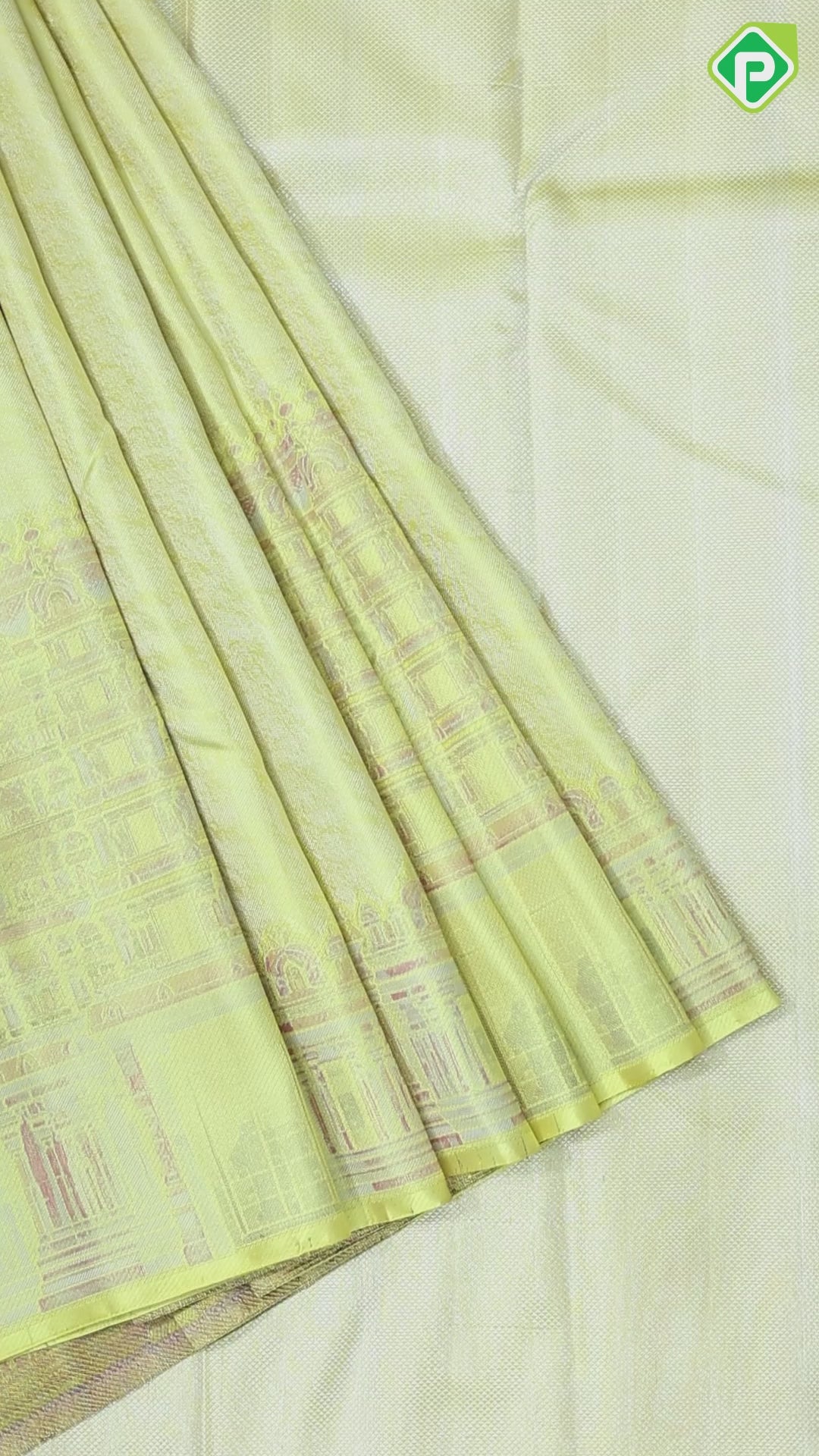 Lemon yellow silk thread grains design multi color temple tower weaved border signature silk saree