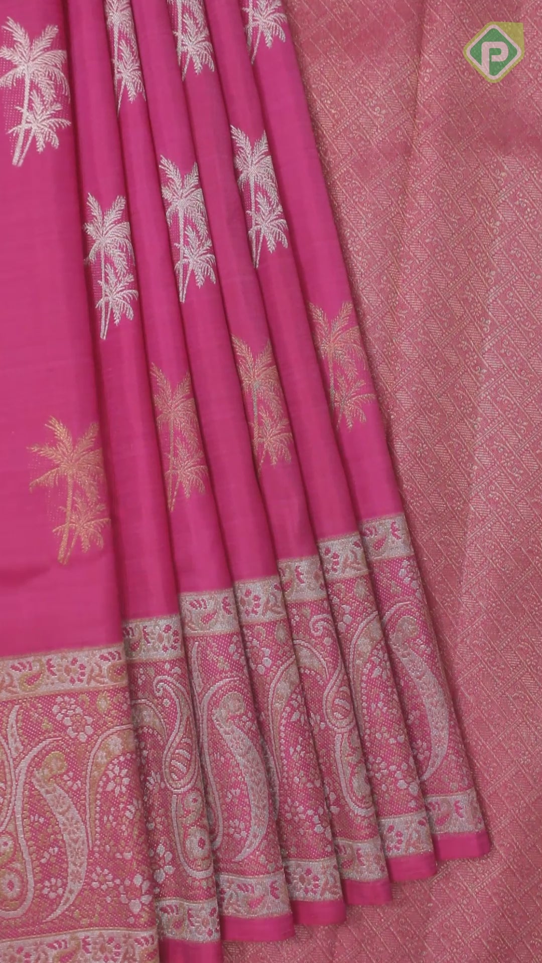 Dark Pink Gold And Silver Zari Coconut Tree Motif With Self Color Gold And Silver Zari Mango Design Border Traditional Silk Saree