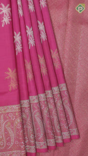 Dark Pink Gold And Silver Zari Coconut Tree Motif With Self Color Gold And Silver Zari Mango Design Border Traditional Silk Saree