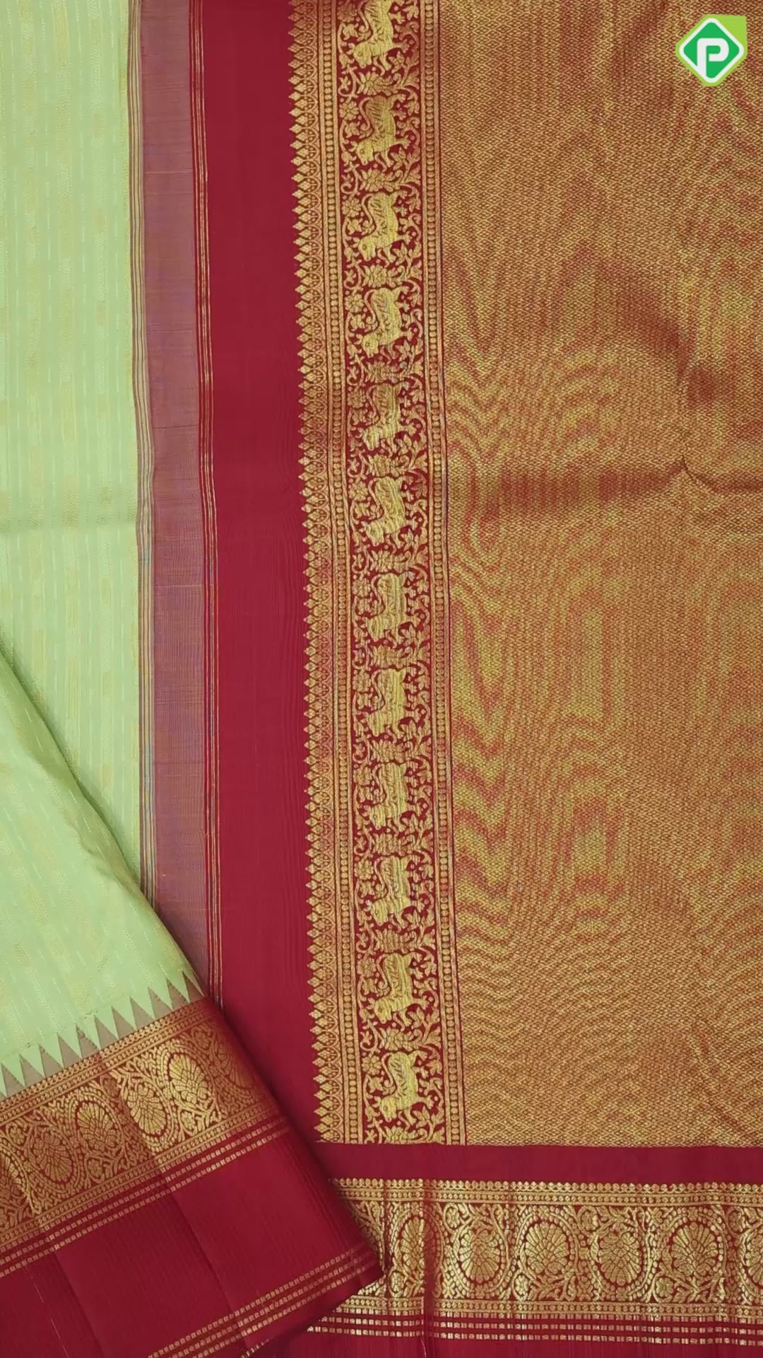 Pista Green Gold Zari Arrow Design Chilly Red Floral Border Design Traditional Silk Saree