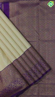 creamy peach silver zari beads stripes violet gold zari mango and floral border traditional silk saree