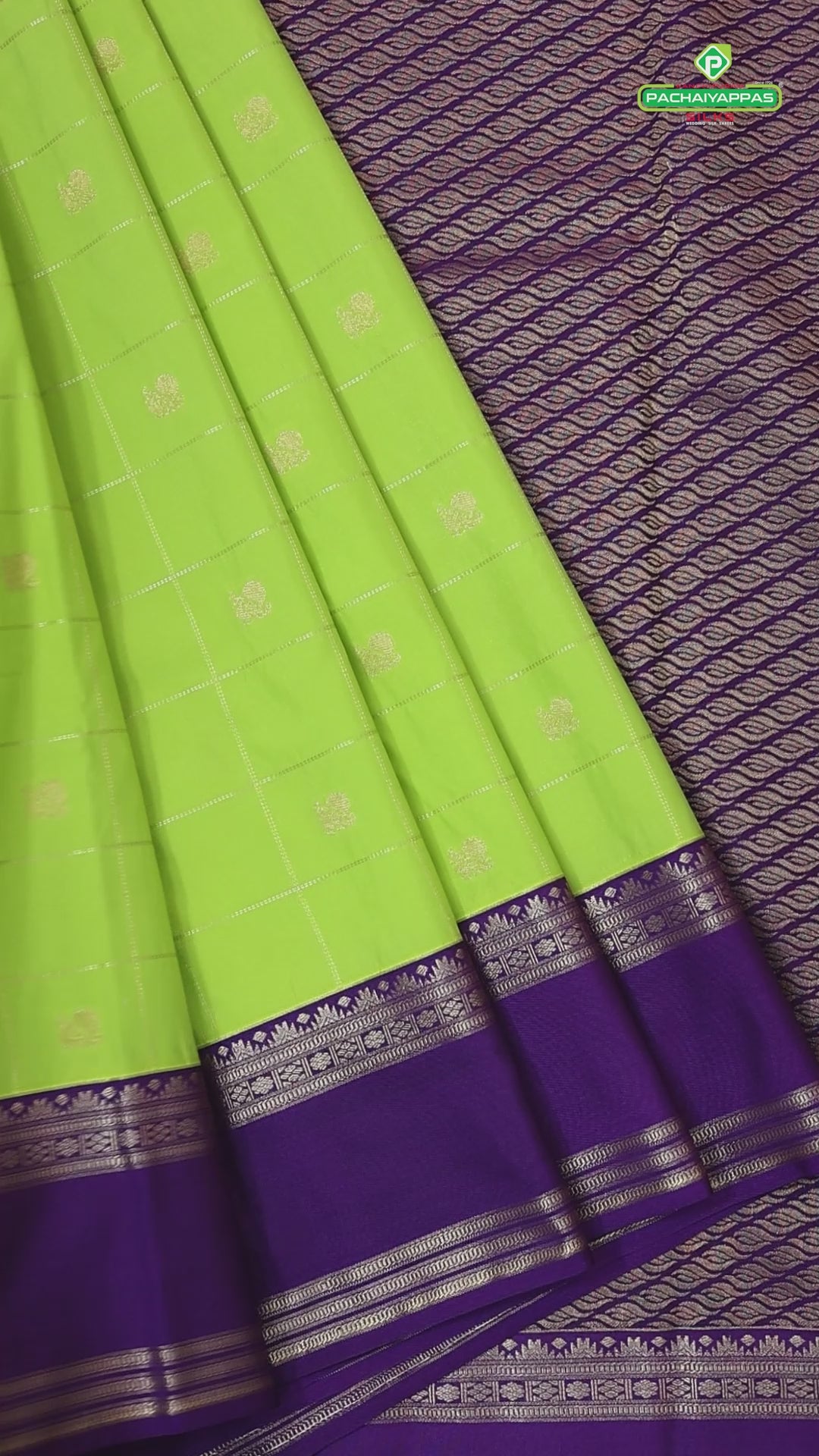 Parrot green gold zari checkered peacock butta design contrast purple rettapet border art silk gift saree