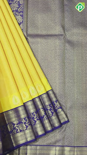 Mango yellow honey orange gold zari micro checks design Contrast Blue gold zari meena work border Traditional silk saree