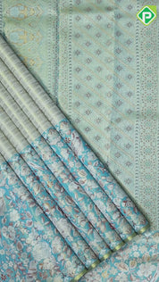 silver gold zari by zari checked weaved design jade green parrot rose cashew detailed border bridal silk saree