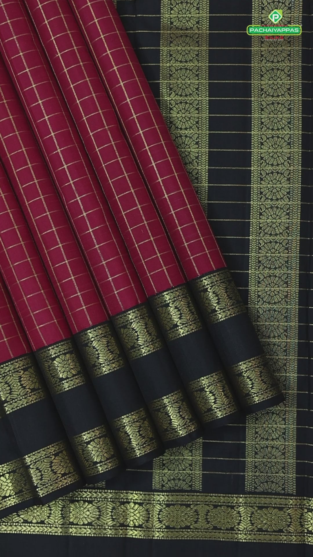 Maroon Red with gold zari checkered(Kattam) Luxury black rettapet border retro traditional silk saree
