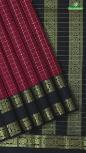Maroon Red with gold zari checkered(Kattam) Luxury black rettapet border retro traditional silk saree