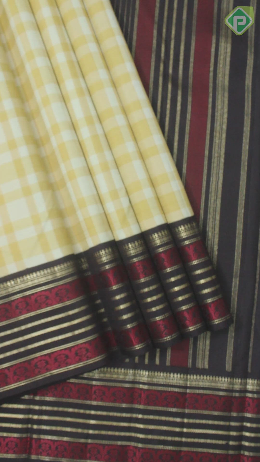 Mustard Cream White Checked With Chocolate Brown Thread And Gold Zari Border Traditional Silk Saree